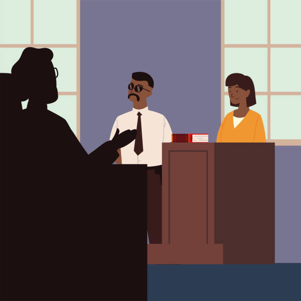 An illustration of court interpreter service in action, depicting a scene in a courtroom