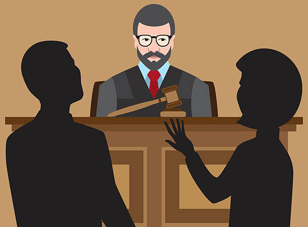 Courtroom scene with a judge overseeing while a courtroom interpreter assists a person testifying