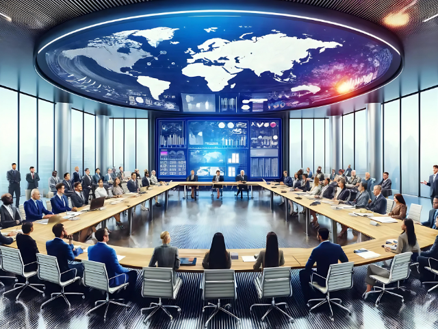 A diverse group of people around a large conference table in a high tech room with digital world maps and data displays illustrating interpreter management scheduling softwarepng