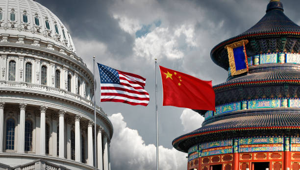US and Chinese flags in front of Capitol Building and Temple of Heaven symbolizing diplomatic and technological partnershipsjpg